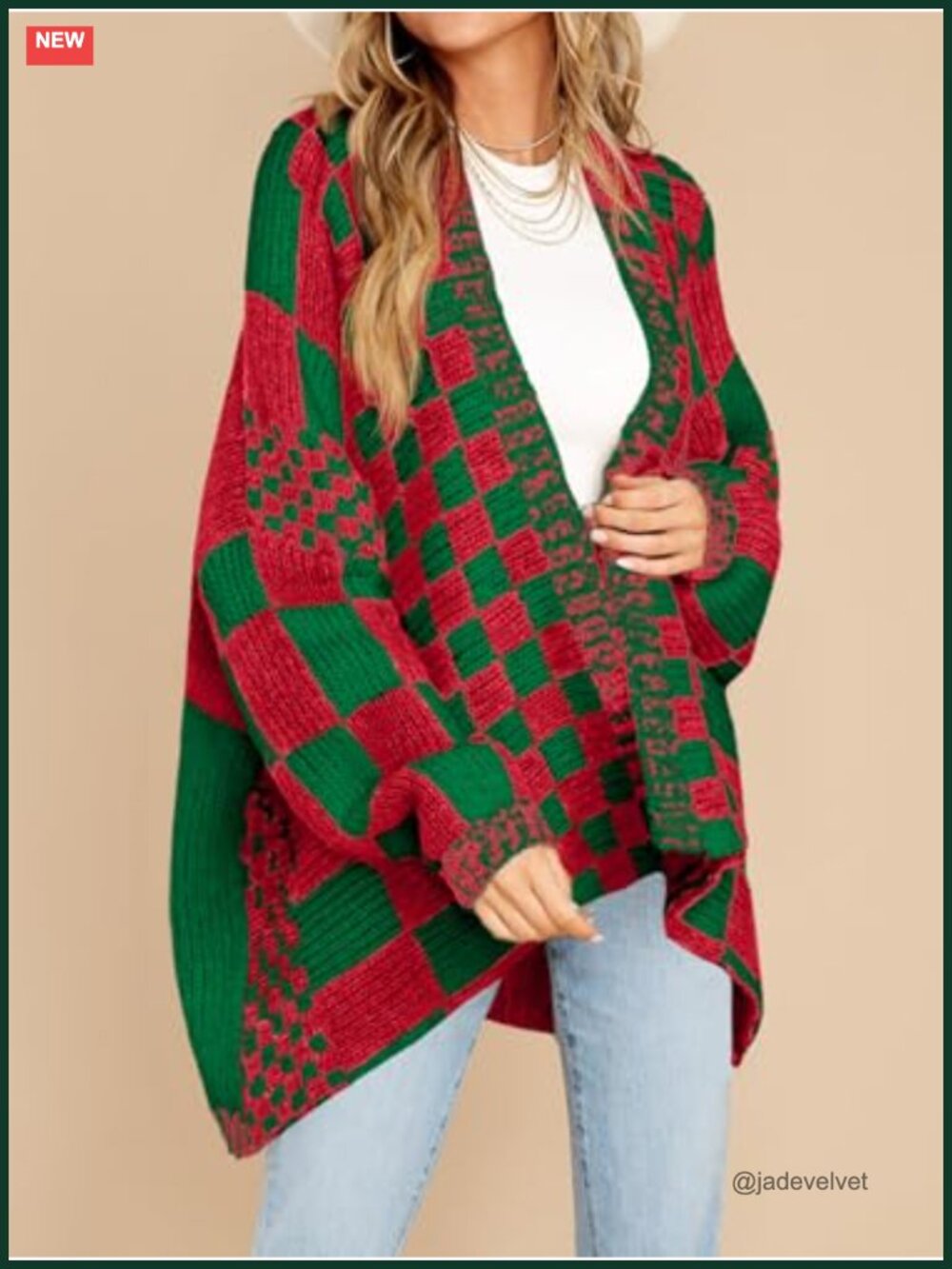 Checkered Oversized Cardigan - Color Block Plaid Knit Open Front Coat - Picture 3 of 6